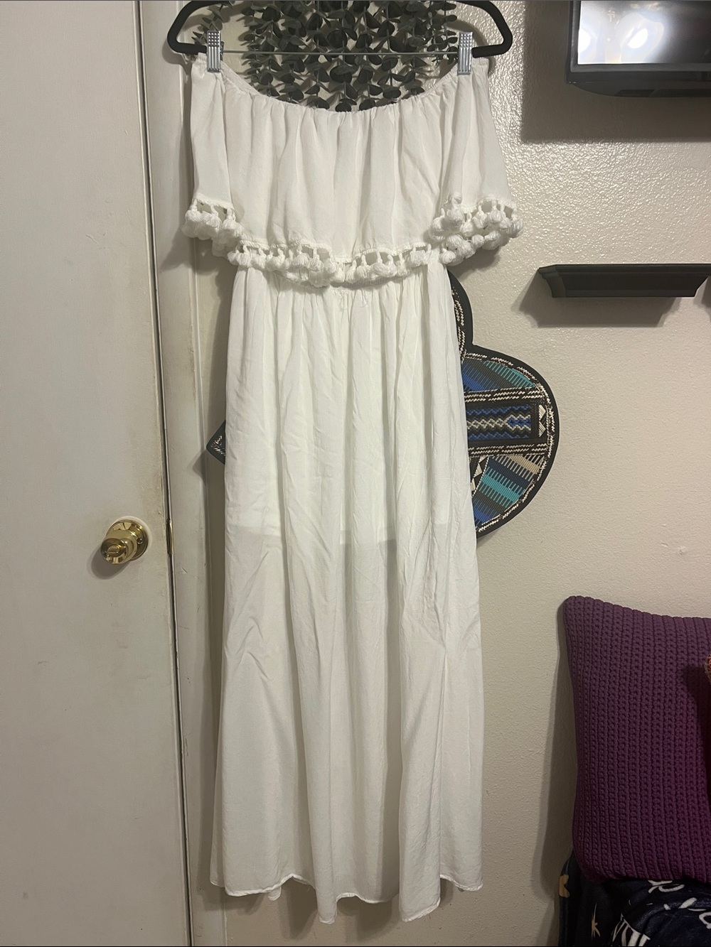 Dress Day Off-Shoulder White Maxi Dress with Pom Trim